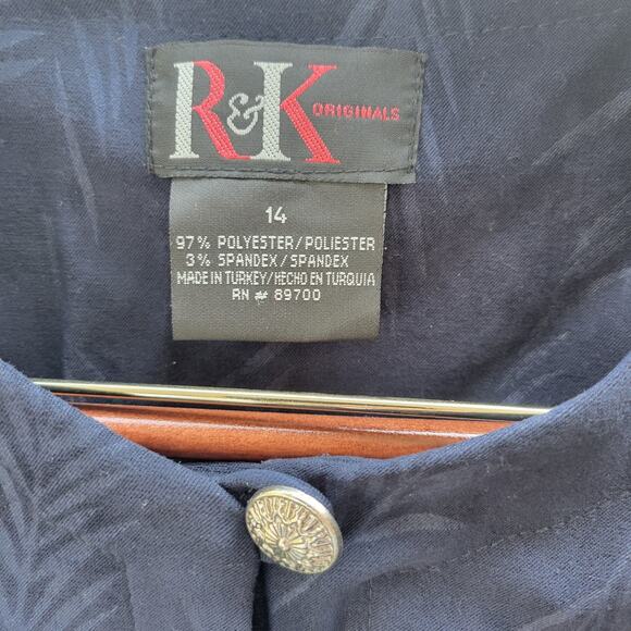 R & K Original Pant Suit Women 14 Two Piece Set Button Navy Velvet Pull On Pants - Picture 3 of 13